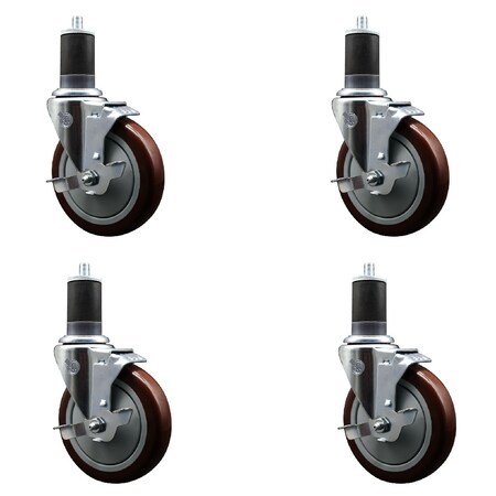 Service Caster 5'' SS Maroon Poly Swivel 1-5/8'' Expanding Stem Caster Set with Brake, 4PK SCC-SSEX20S514-PPUB-MRN-TLB-158-4